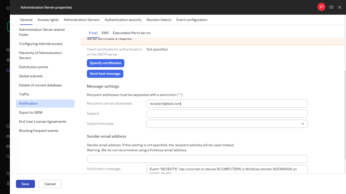 Notification in the General tab of Administration server properties.