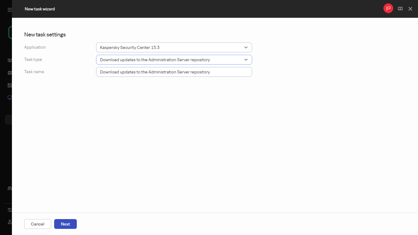 Settings of the Download updates to the repositories of the distribution points task.