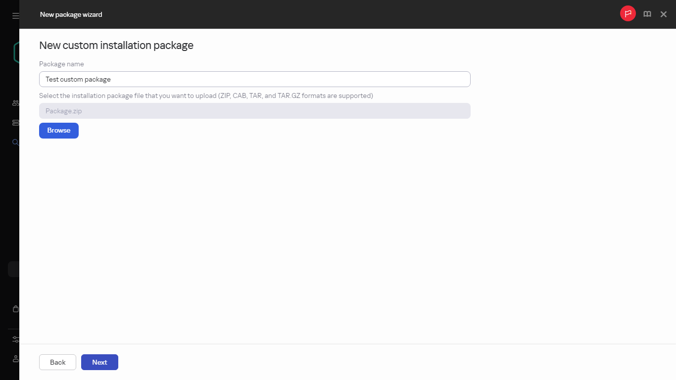 Settings of a new custom installation package.