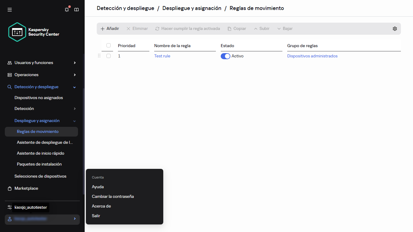 Sección de reglas de movimiento de Kaspersky Security Center.