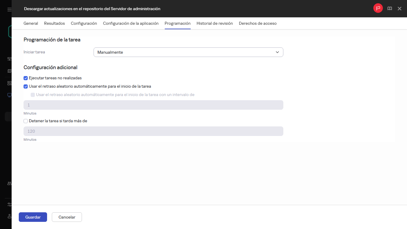 Ajustes de programación de la tarea Descargar actualizaciones en los repositorios de los puntos de distribución.