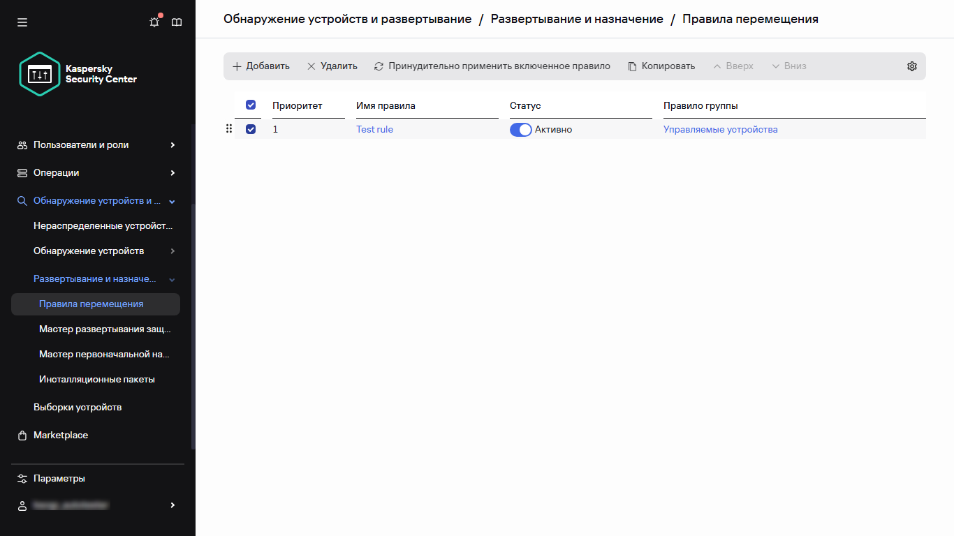 Выбранная строка в разделе Правила перемещения.