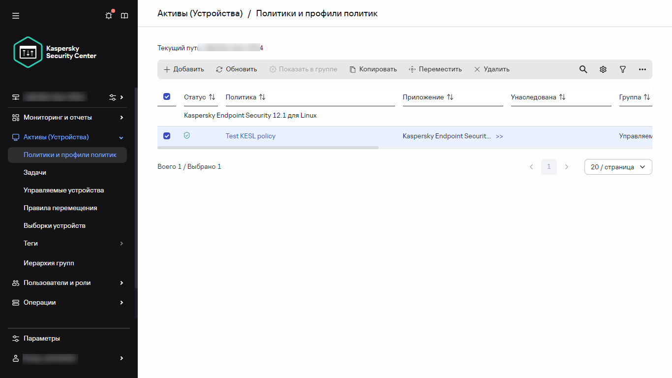 Политики и профили политик: выбрана политика с установленным флажком.