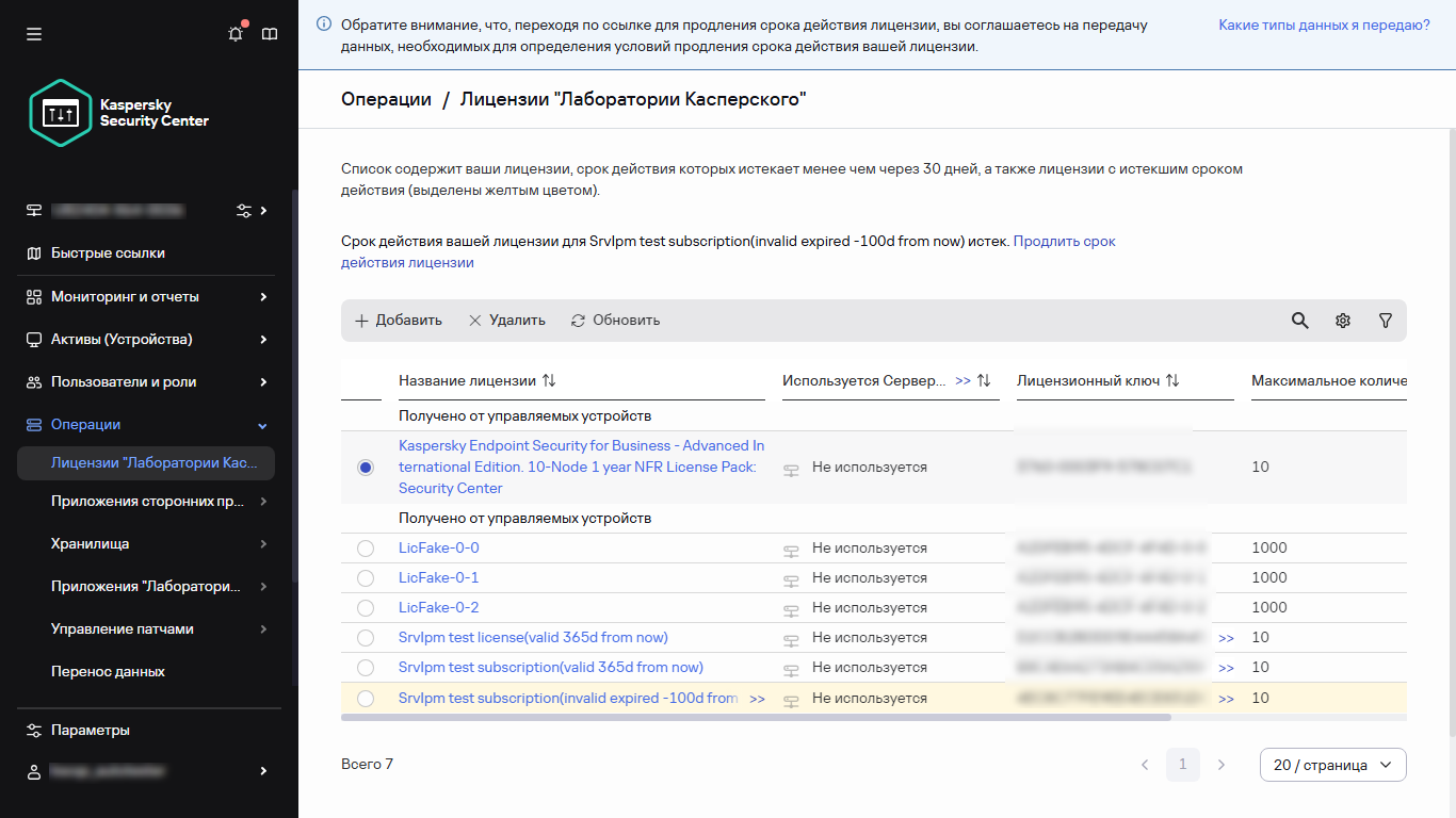 Список лицензионных ключей с выбранным лицензионным ключом.
