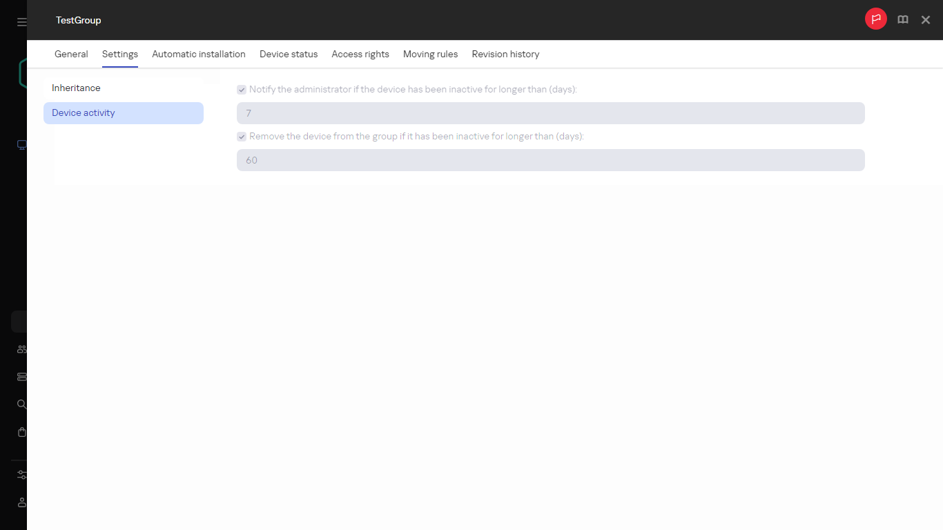 Device activity in the Settings tab.