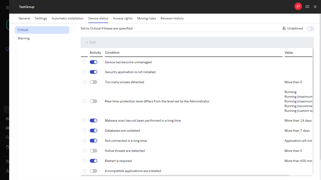 Setting the Critical status in the Device status group.