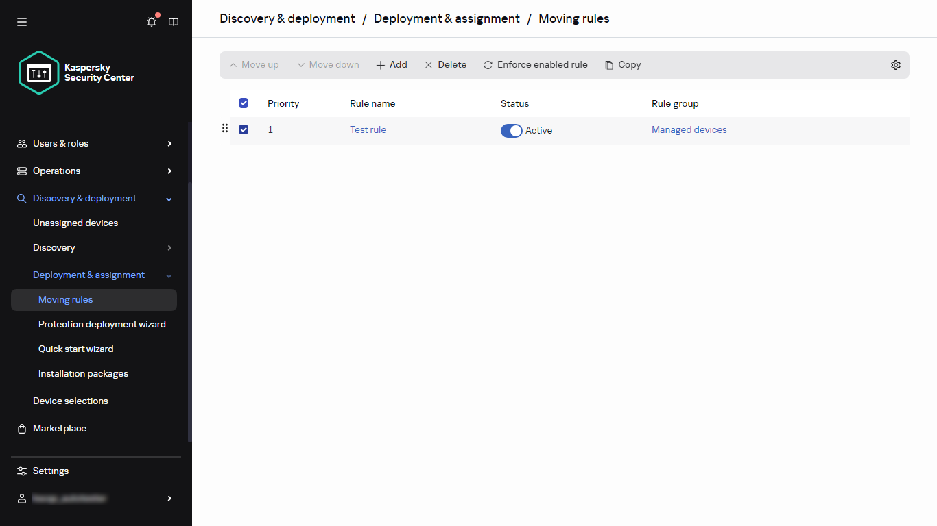 The selected row in the Moving rules section.
