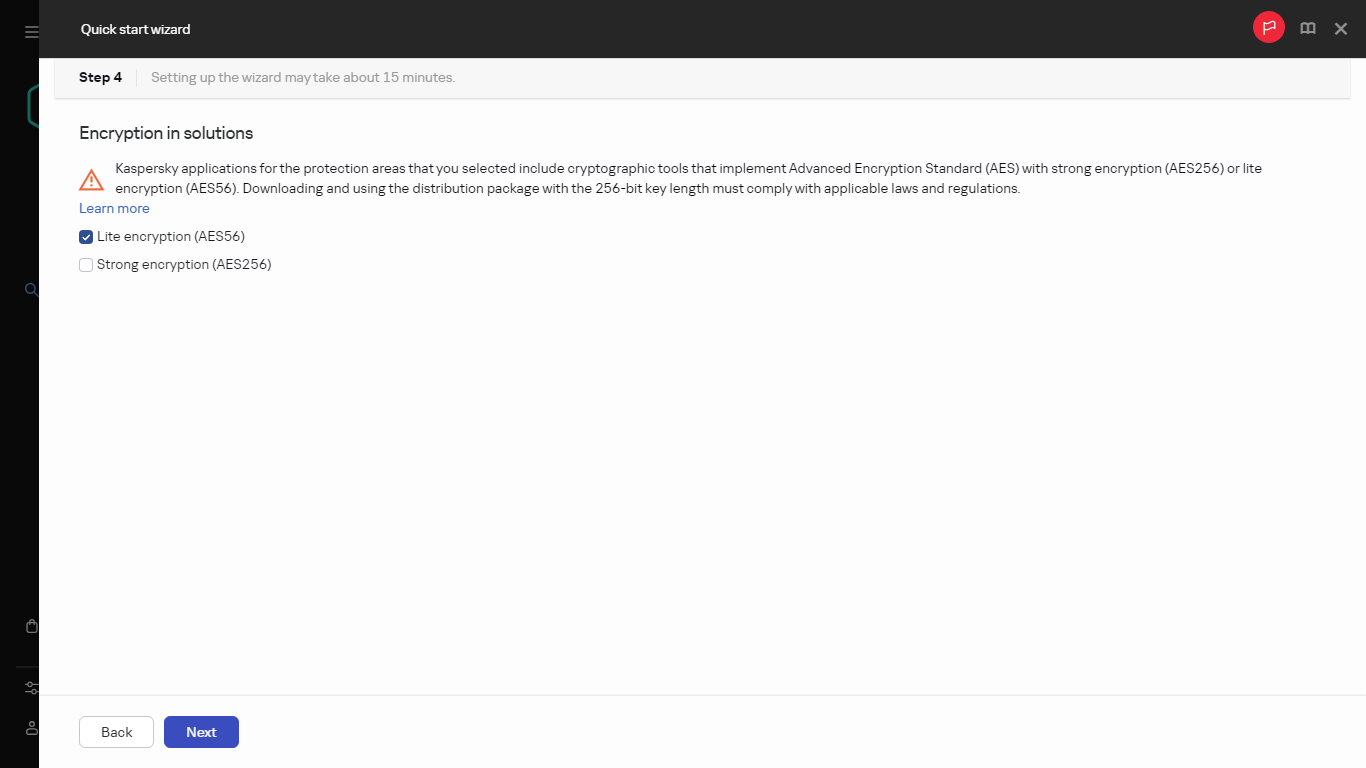 The Encryption in solutions step of Quick start wizard.