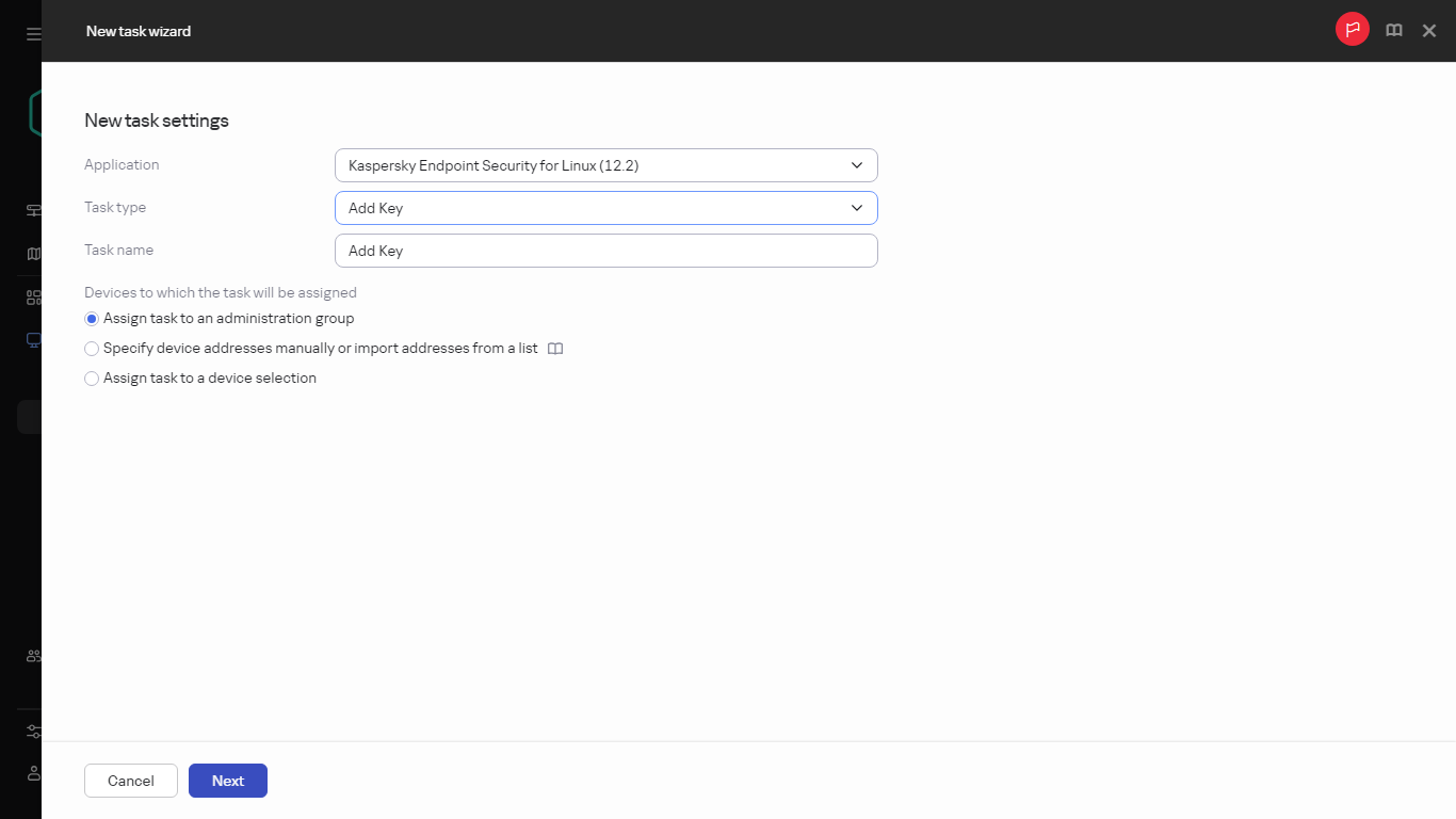 Settings of the Add key task.