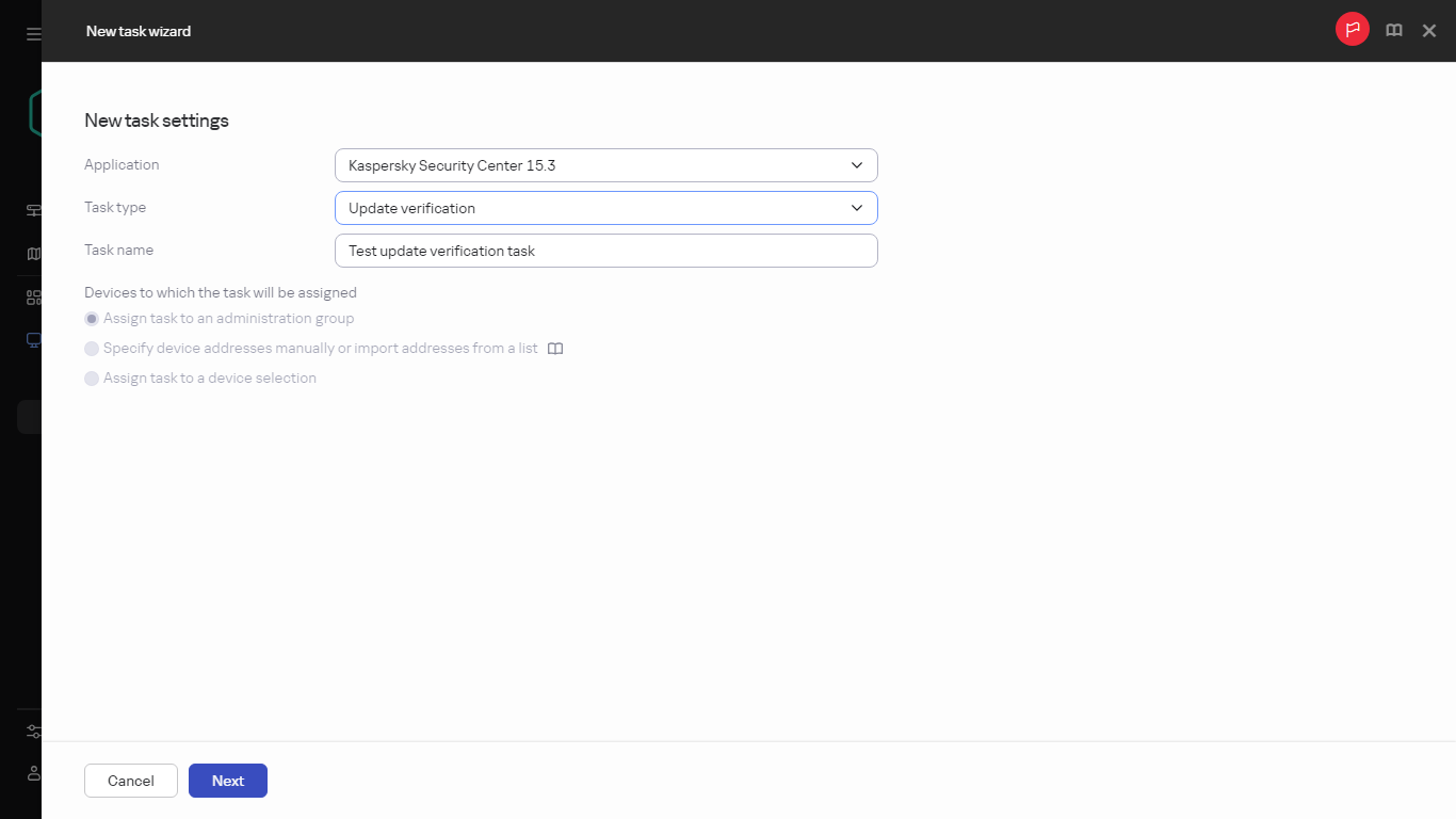 Settings of the Update verification task.