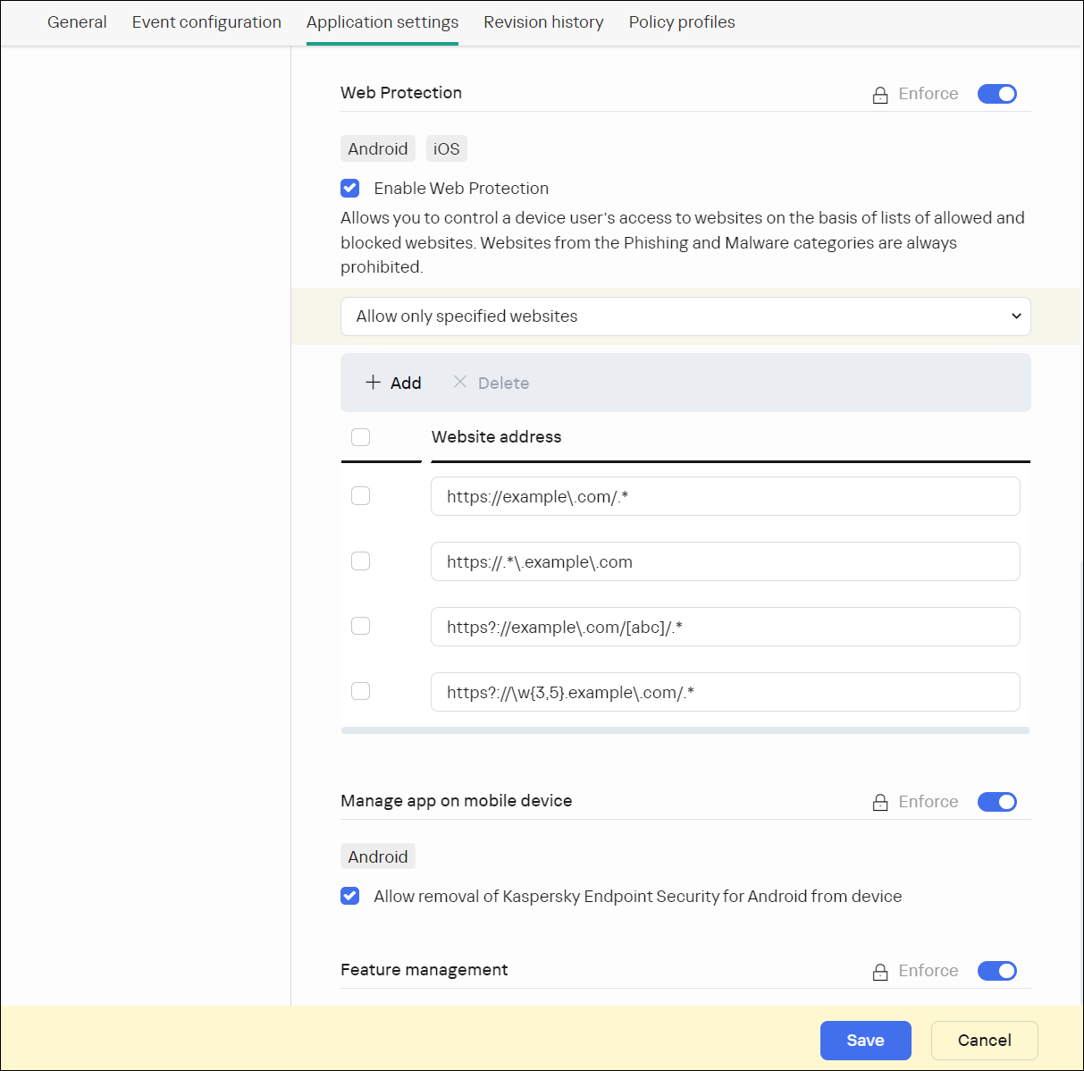 Screenshot of the Web Protection section with regular expressions' examples.