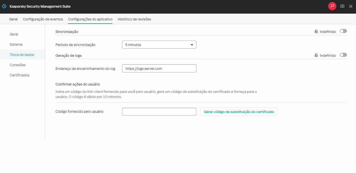 Captura de tela da configuração do encaminhamento de logs de eventos e sincronização de um thin client com o Kaspersky Security Center para um grupo de dispositivos.