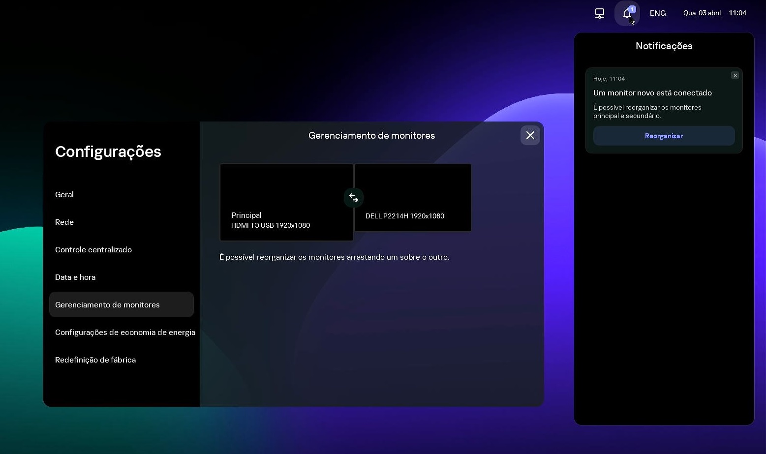 Captura de tela da tela do Kaspersky Thin Client com o painel de notificações aberto.