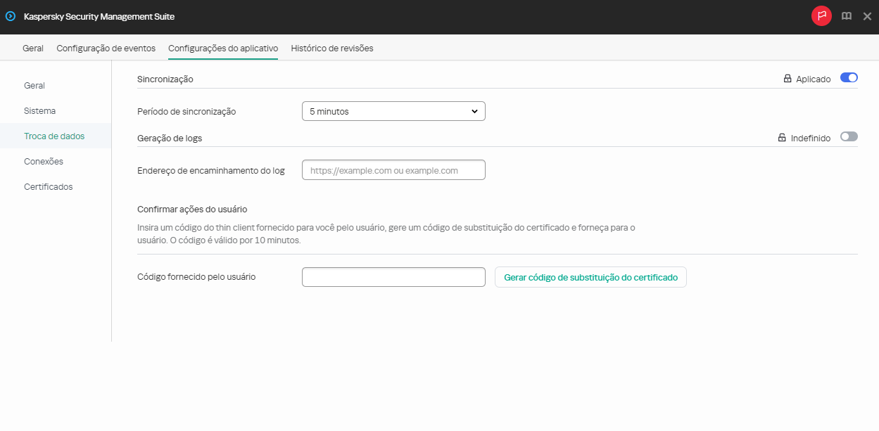 Captura de tela da janela para configurar a sincronização entre o Kaspersky Thin Client e o Kaspersky Security Center