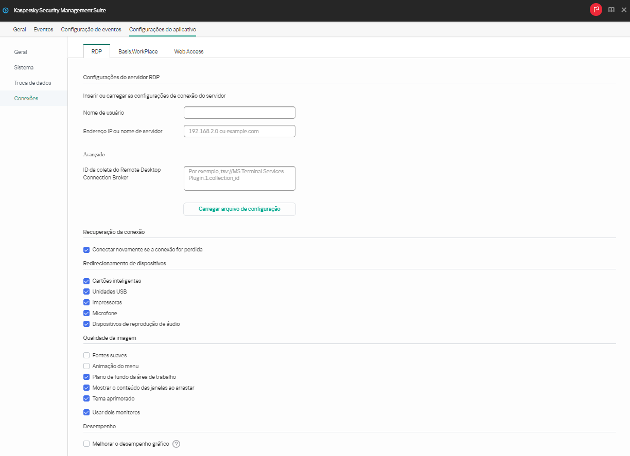 Janela para definir as configurações para conexão com um desktop remoto por RDP pelo Web Console para um dispositivo.