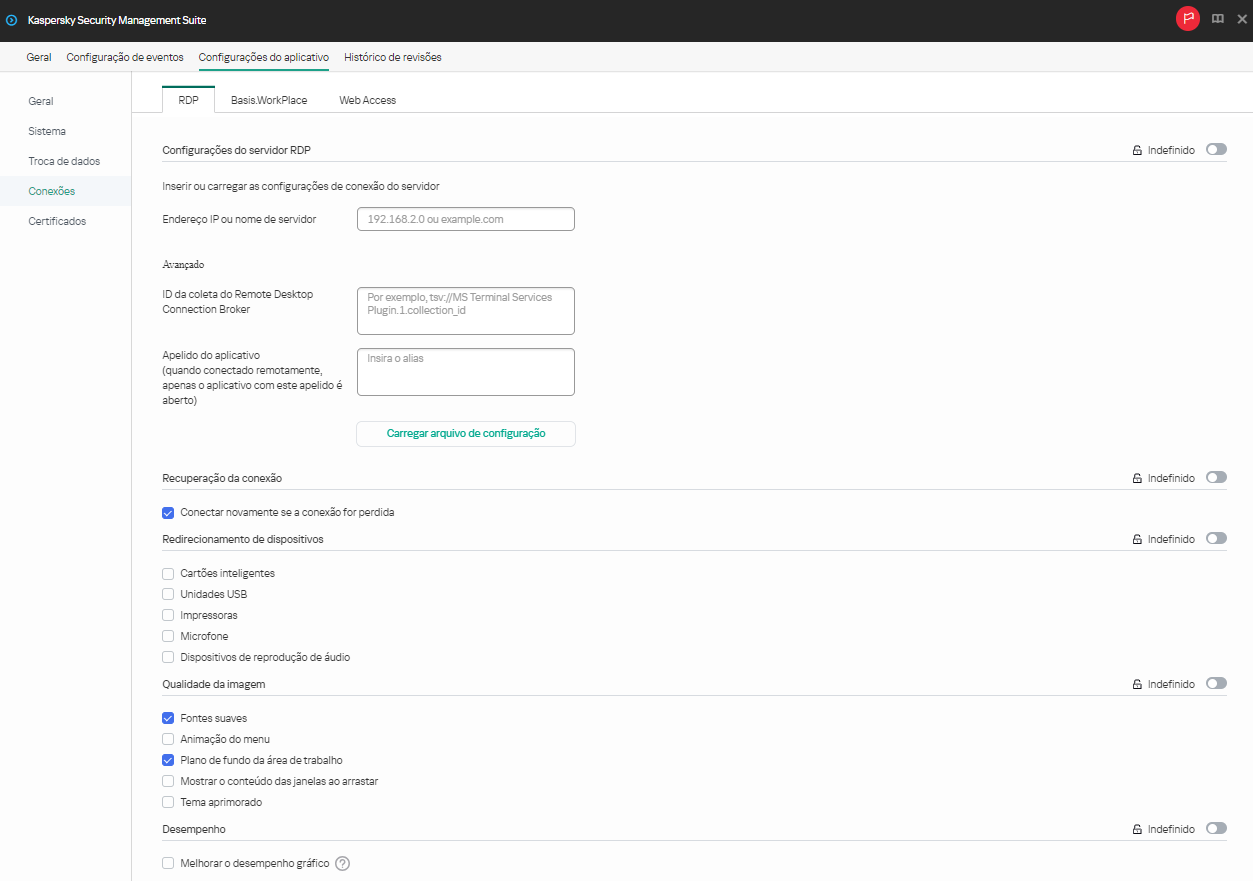 Janela para definir as configurações para conexão com um desktop remoto por RDP pelo Web Console para um grupo de dispositivos