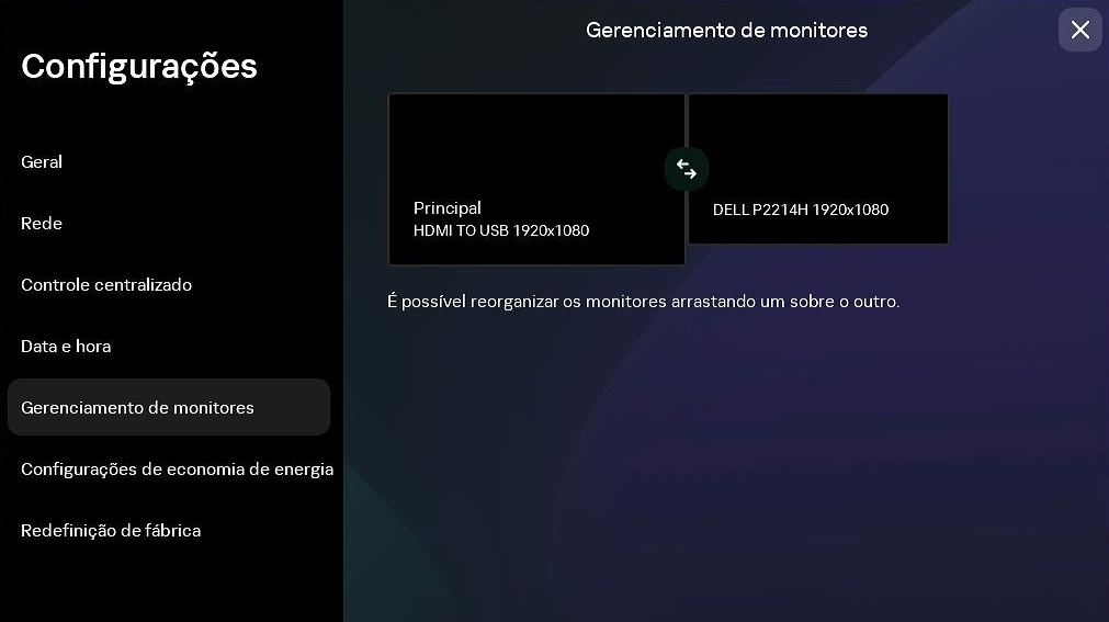 Captura de tela da seção "Gerenciamento de monitores".