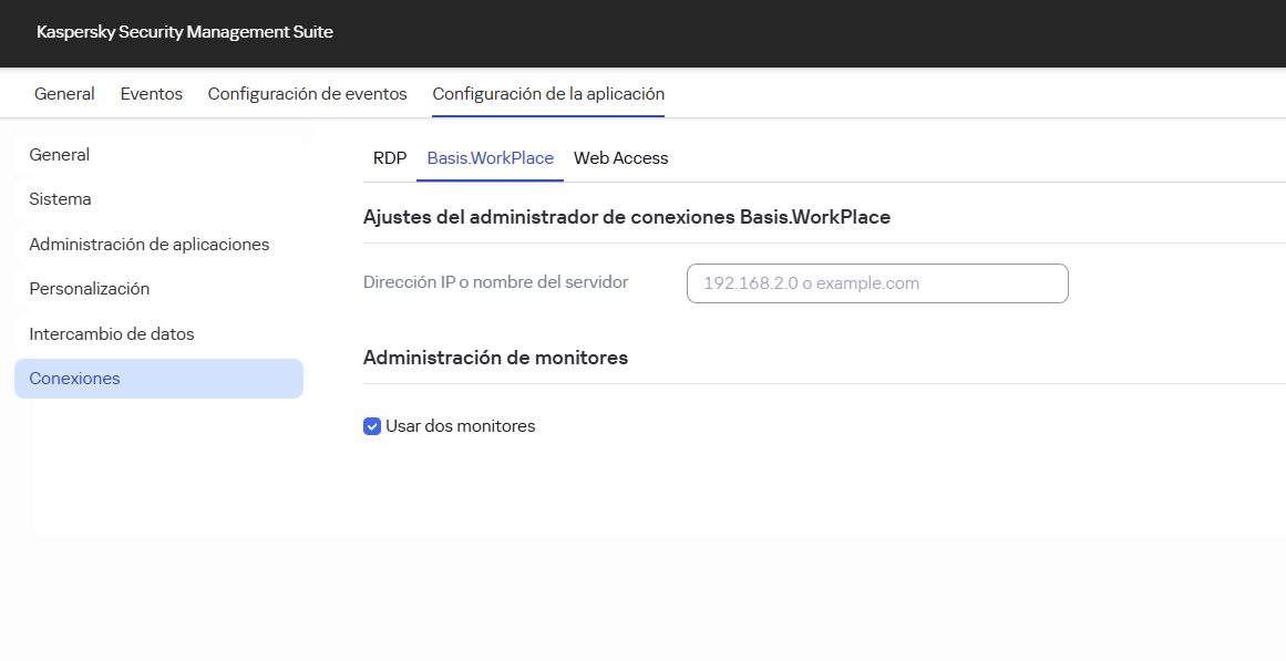 Captura de pantalla de la ventana para configurar la conexión a un entorno remoto en la aplicación Basis.WorkPlace mediante Web Console.