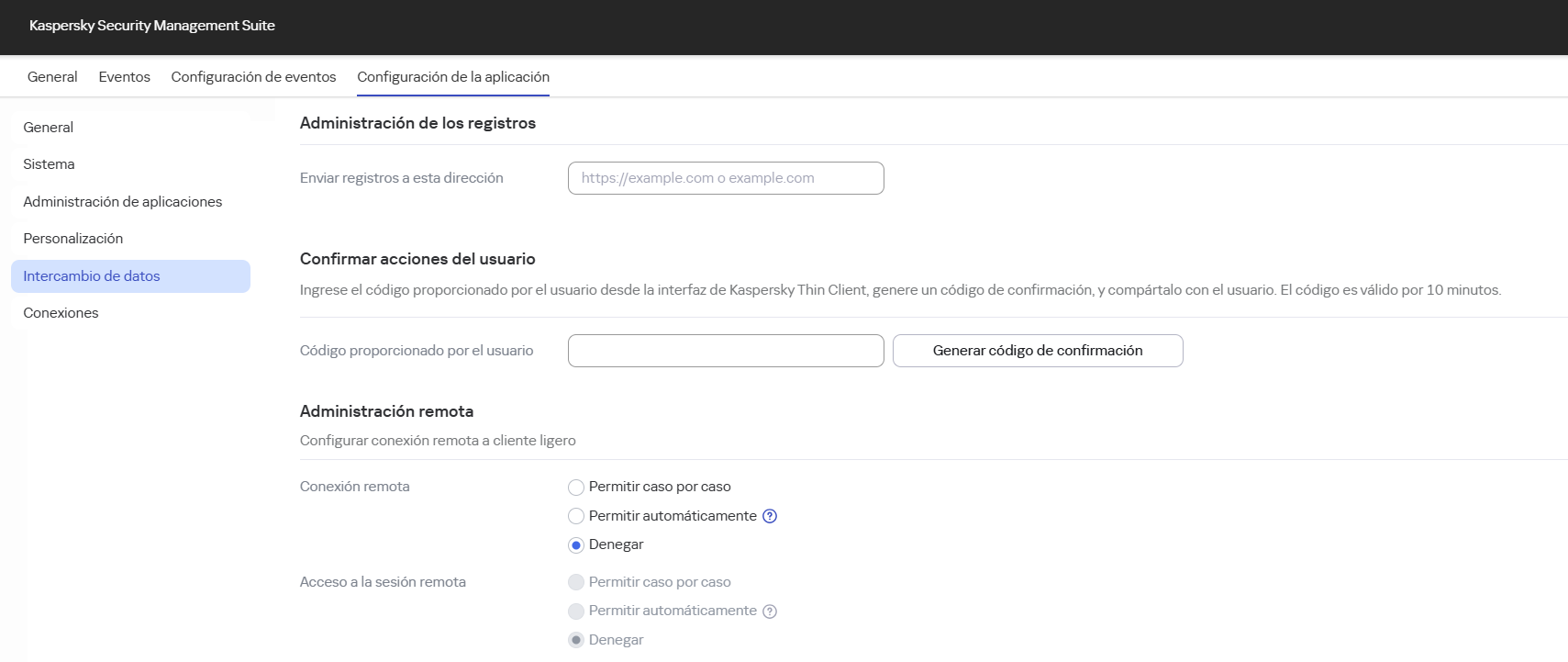 Captura de pantalla de la ventana para configurar el envío de los registros de Kaspersky Thin Client para un dispositivo mediante Web Console