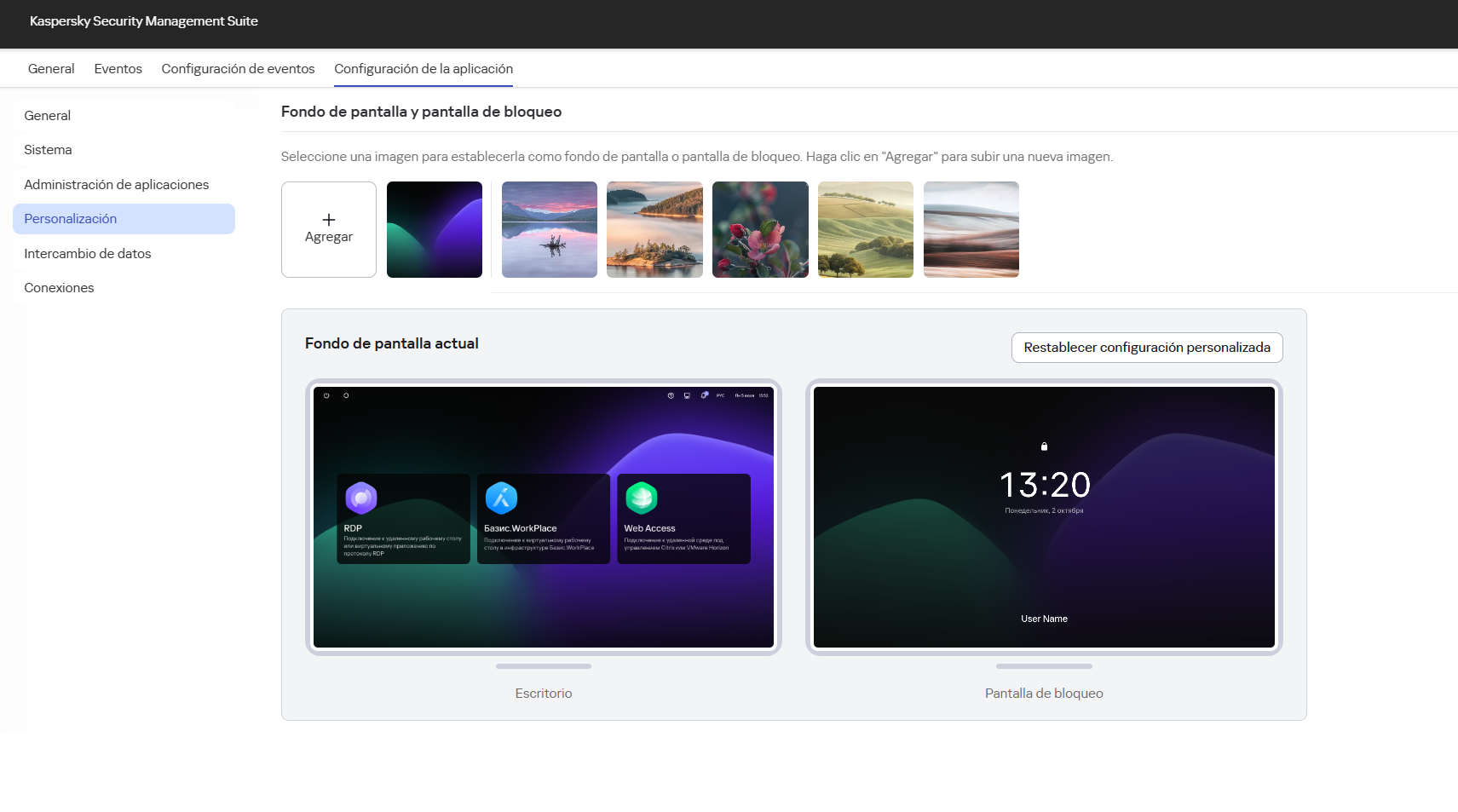 Captura de pantalla de la ventana para configurar la personalización de Kaspersky Thin Client de un dispositivo mediante Web Console.