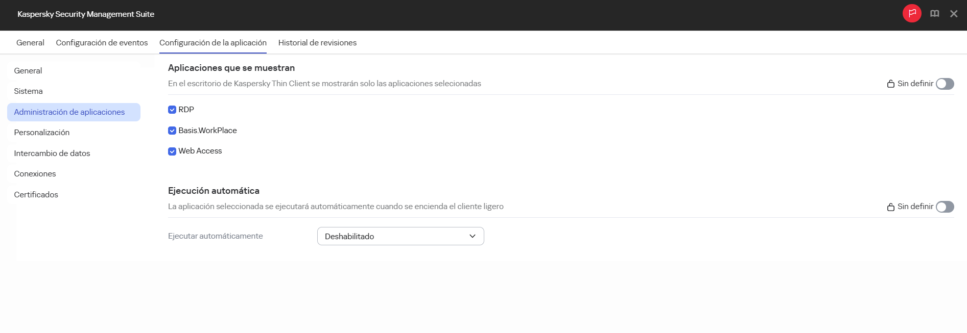 Captura de pantalla de la ventana para configurar el inicio automático y la representación visual de aplicaciones en los dispositivos de un grupo de administración mediante Web Console.