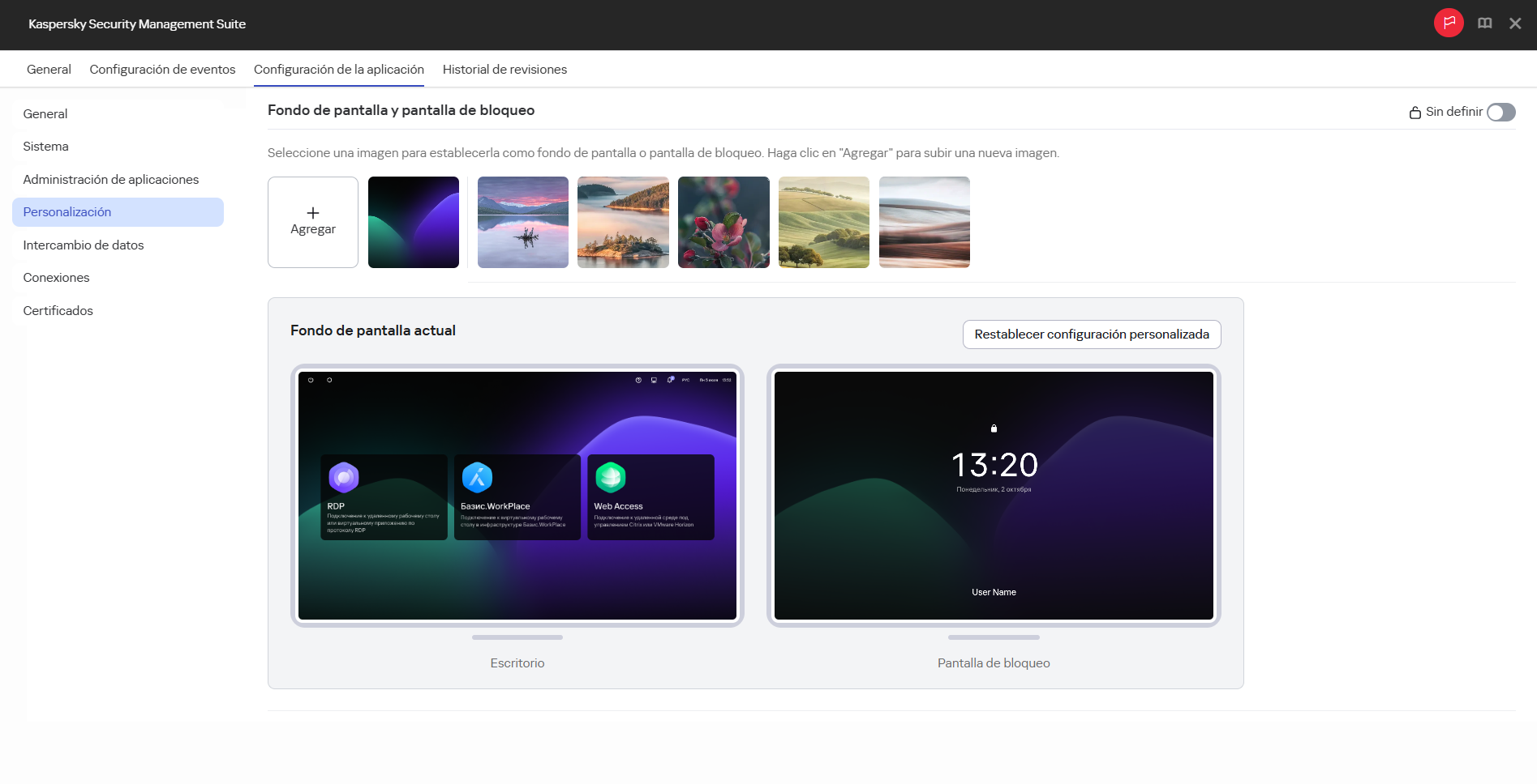 Captura de pantalla de la ventana para configurar la personalización de Kaspersky Thin Client de los clientes ligeros en un grupo de administración mediante Web Console.