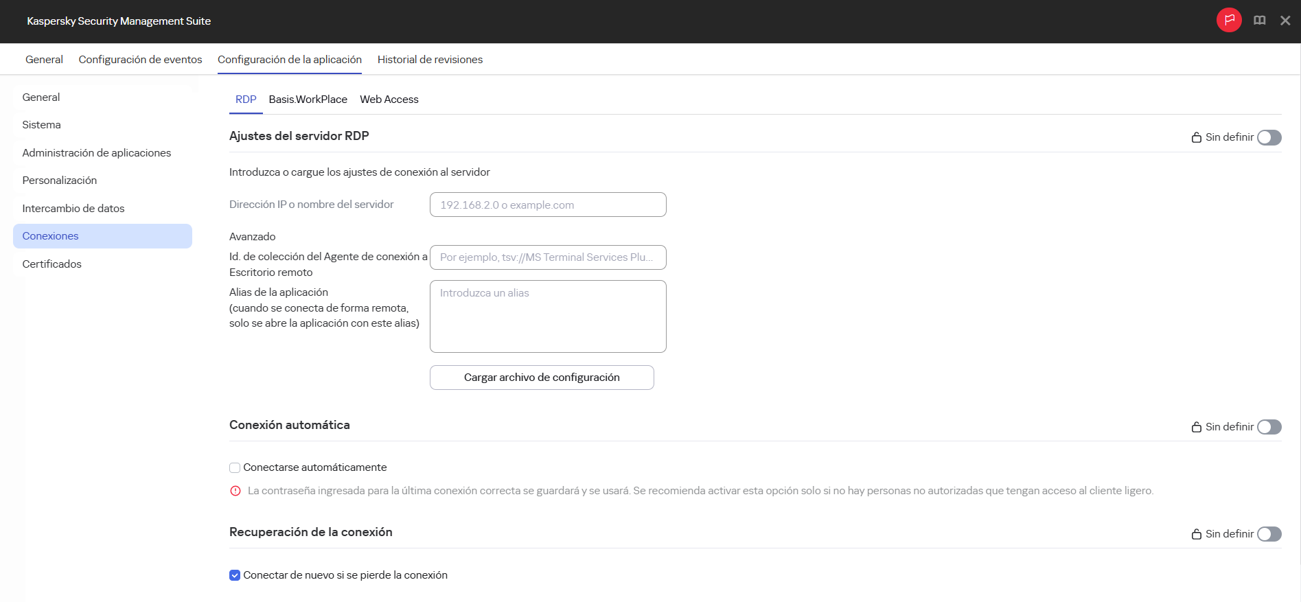 Captura de pantalla de la ventana para configurar una conexión a un entorno remoto en la aplicación RDP para dispositivos de un grupo de administración desde Web Console.
