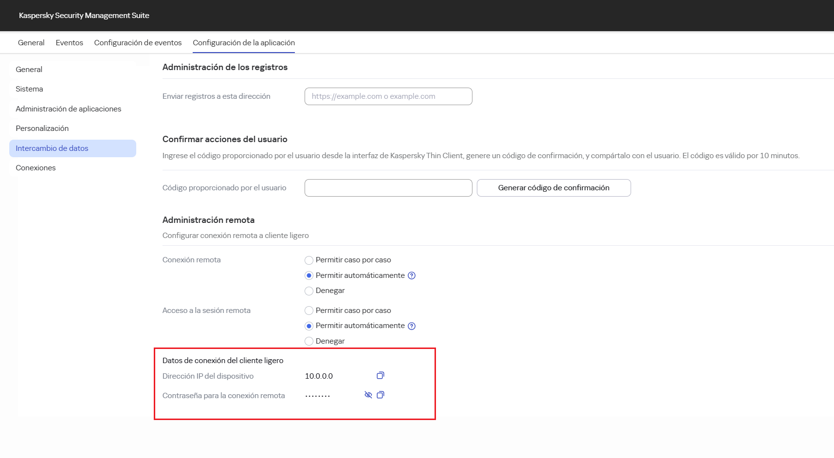 Captura de pantalla de la ventana de configuración para la conexión remota a un cliente ligero en Web Console.