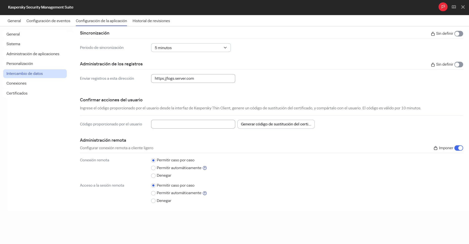 Captura de pantalla de la ventana de configuración de administración de clientes ligeros remotos para dispositivos en un grupo de administración a través de Web Console.