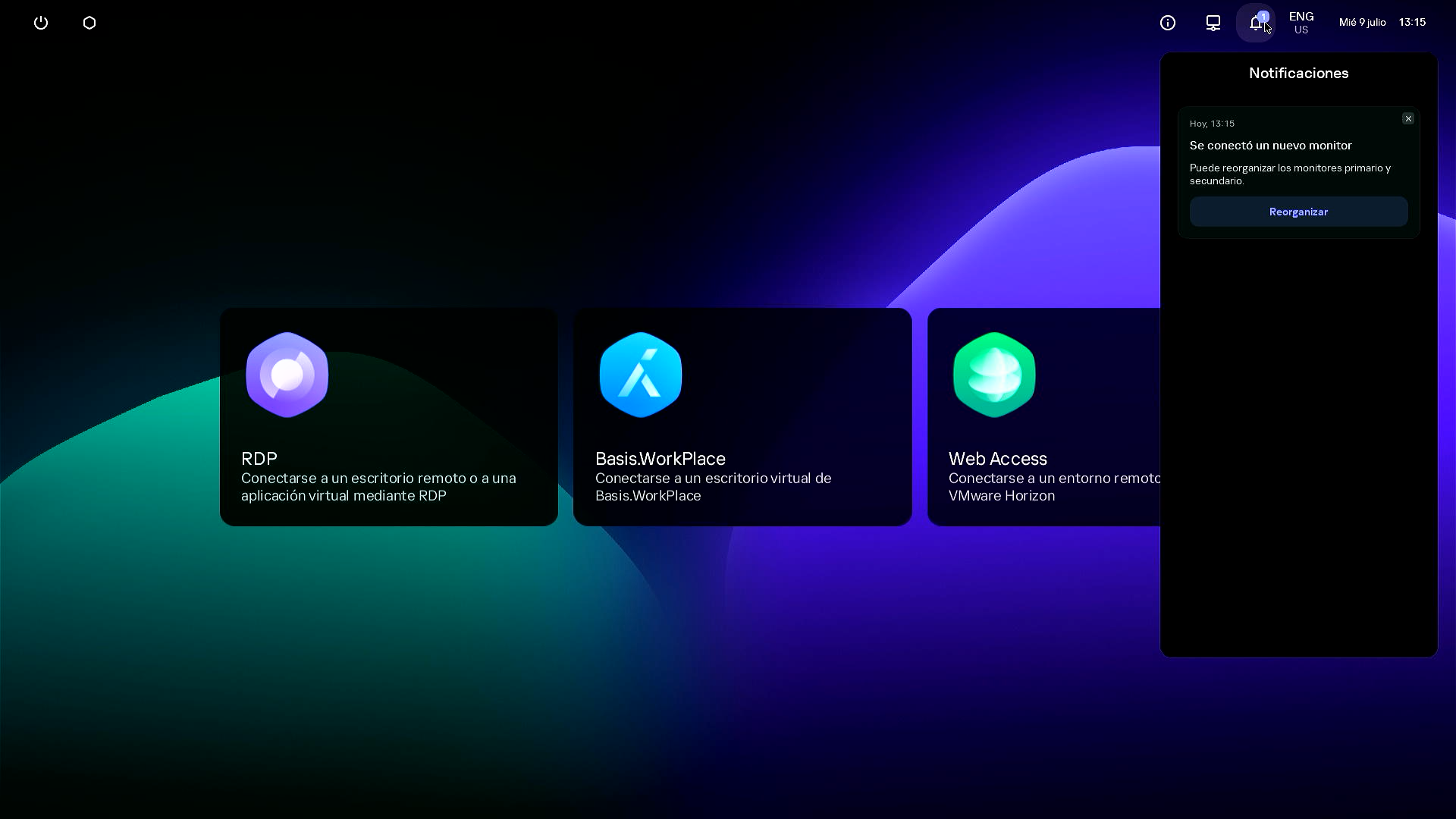 Captura de pantalla del escritorio Kaspersky Thin Client con el panel de notificaciones abierto.