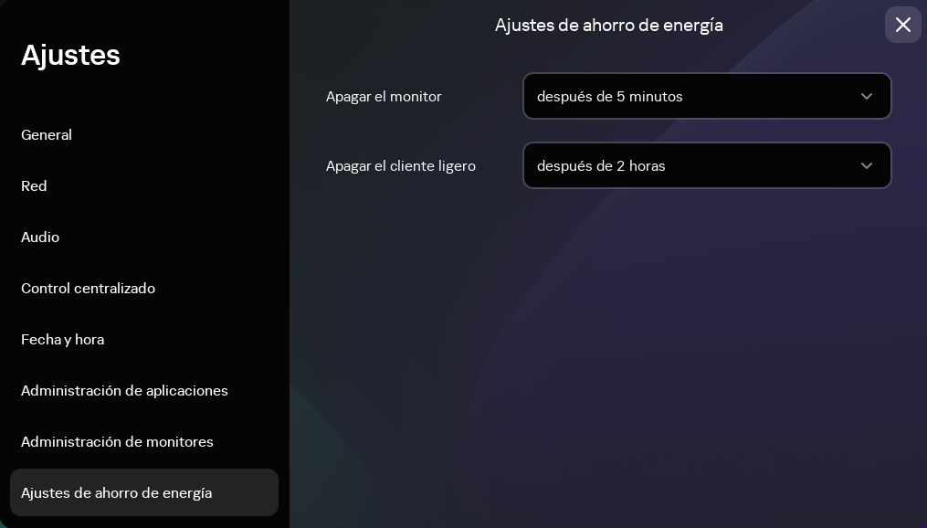 Captura de pantalla de la ventana de ajustes de ahorro de energía en la interfaz de Kaspersky Thin Client.