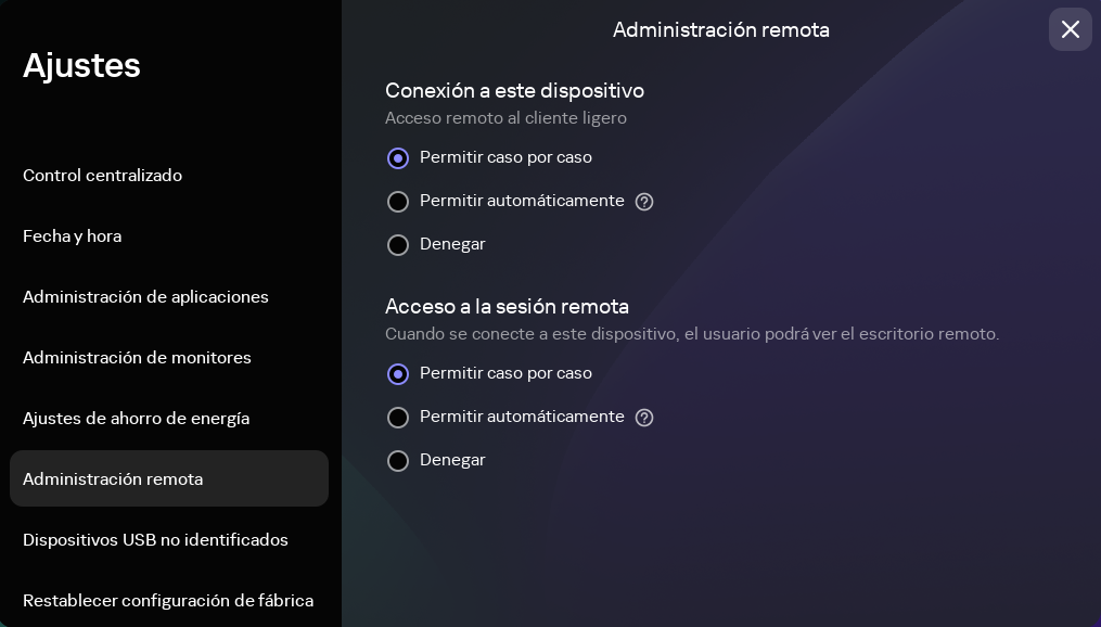 Captura de pantalla de la ventana de ajustes de administración remota del cliente ligero.