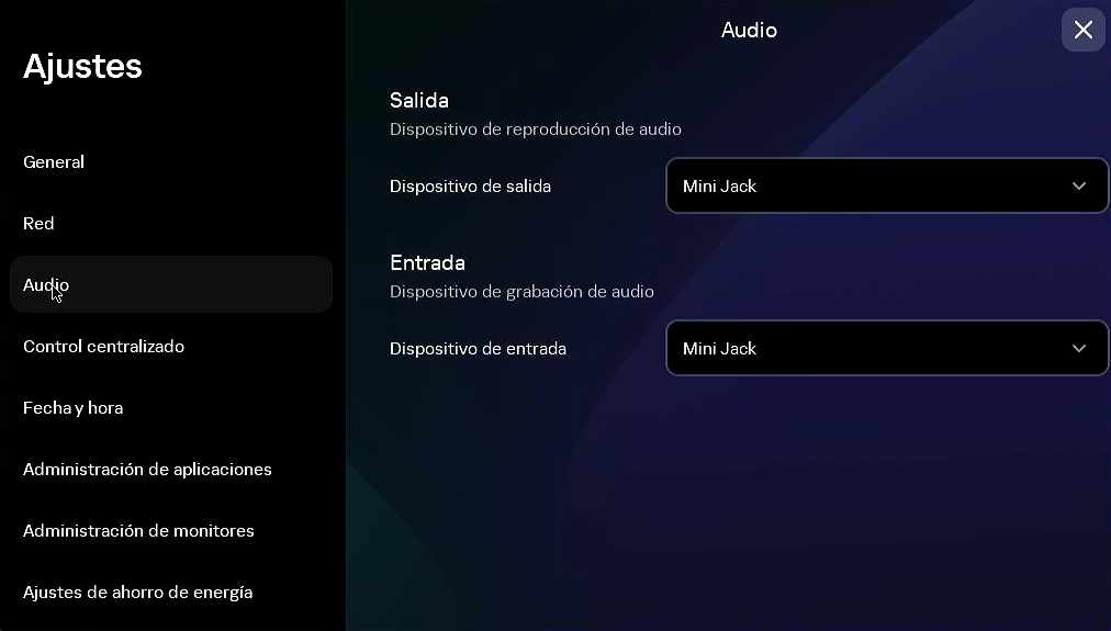 Captura de pantalla de la ventana para configurar dispositivos de reproducción y grabación de audio.