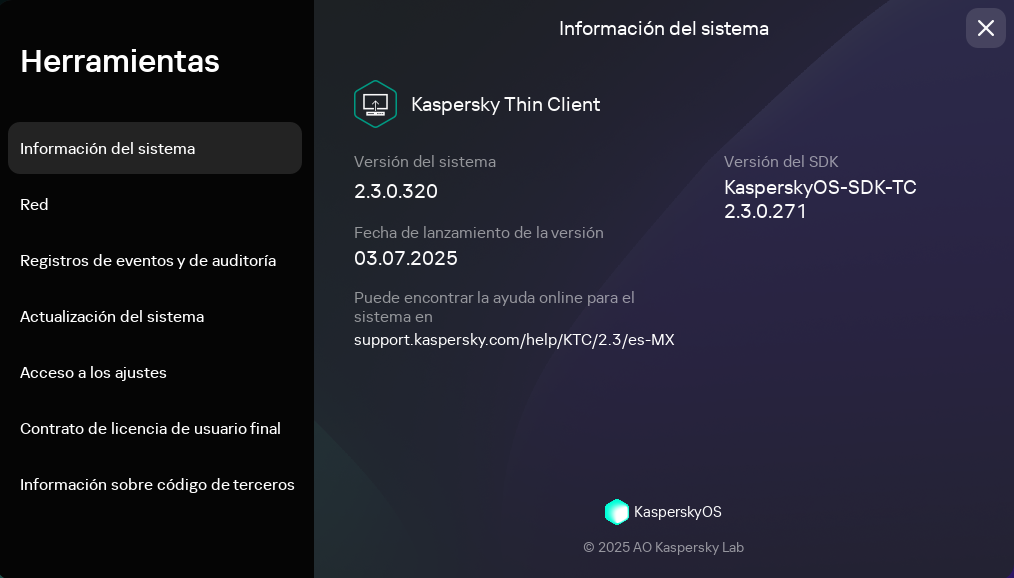 Captura de pantalla de la ventana con información sobre Kaspersky Thin Client
