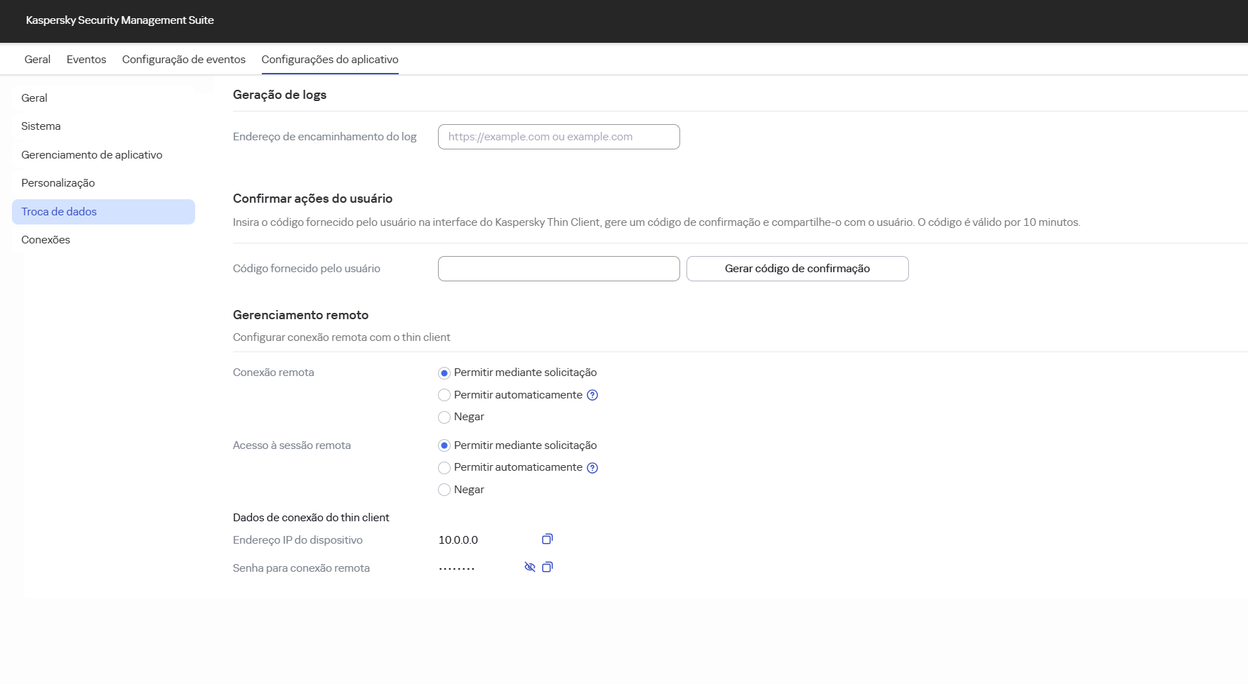 Captura de tela da janela de configurações de gerenciamento remoto para um dispositivo no Web Console.