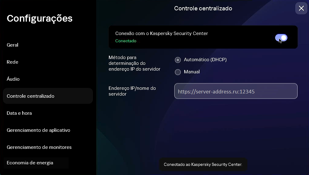 Captura de tela da janela para configurar a conexão entre o Kaspersky Thin Client e o Kaspersky Security Center.