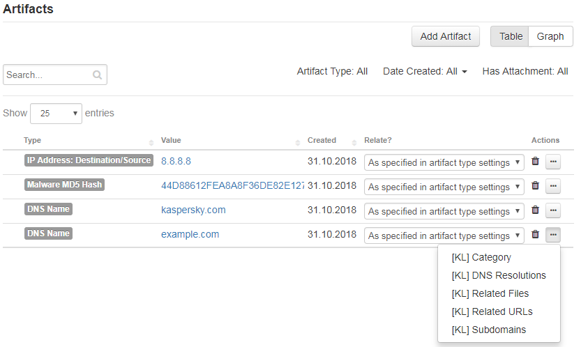 Selecting information type from drop-down list