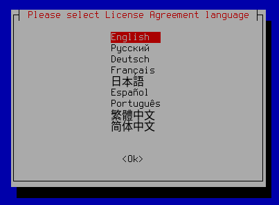 The screenshot shows the language selection window.