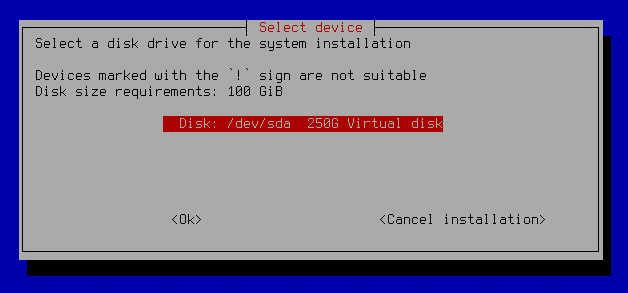 The screenshot shows the window for selecting a hard drive for installation.