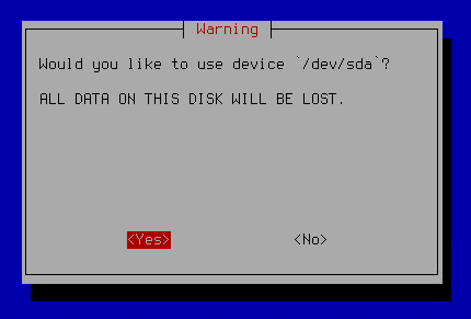 The screenshot shows the warning about deleting all data on the selected hard drive.