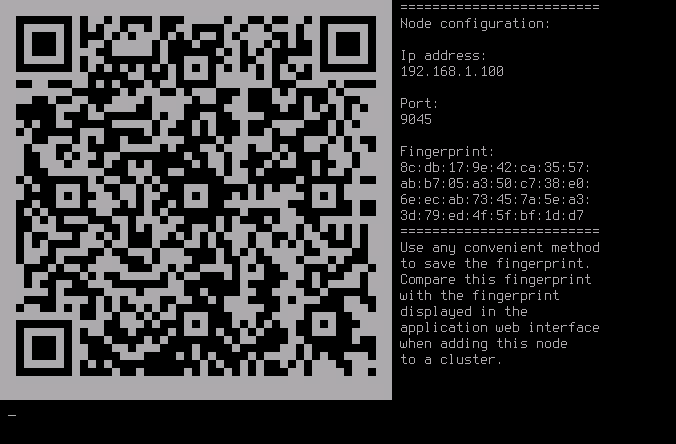 La captura de pantalla muestra un ejemplo de huella digital del servidor en forma de código QR e información de texto.