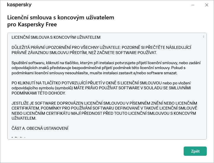 Okno obsahuje text licenční smlouvy s&nbsp;koncovým uživatelem