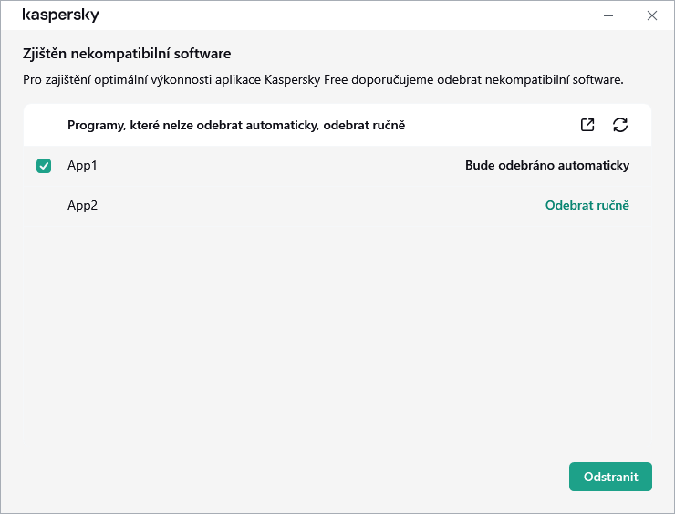 Okno se seznamem nekompatibilních aplikací
