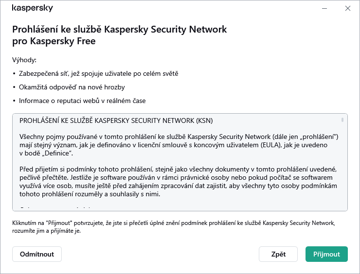 Okno prohlášení týkající se služby Kaspersky Security Network GDPR