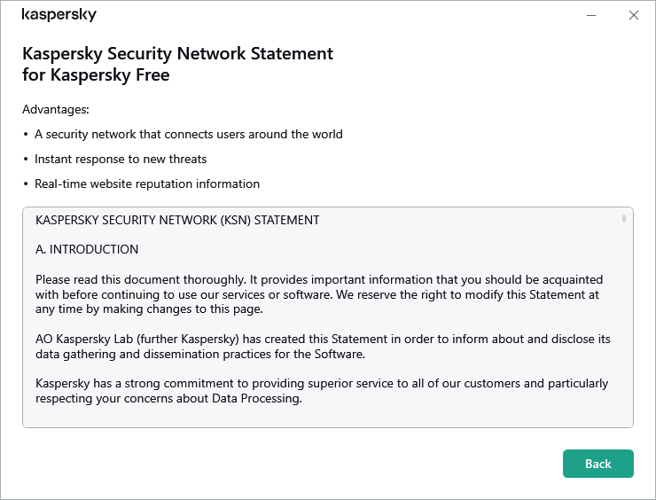 The Kaspersky Security Network Statement acceptance window