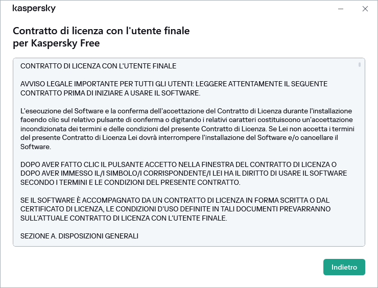 Finestra che contiene il testo del Contratto di licenza con l'utente finale