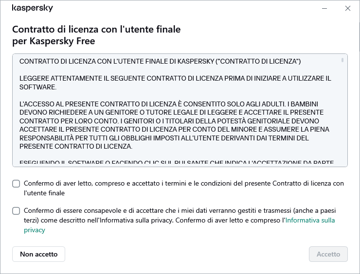 Finestra di accettazione del contratto di licenza GDPR