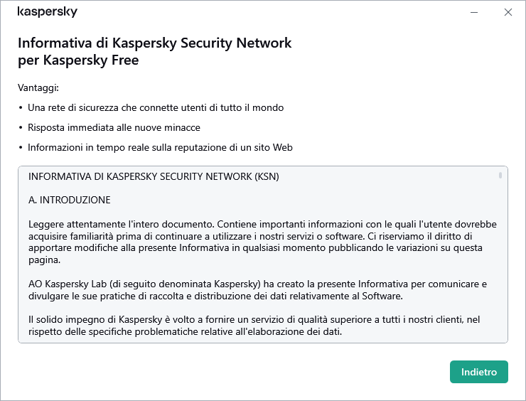 Finestra di accettazione dell'Informativa di Kaspersky Security Network