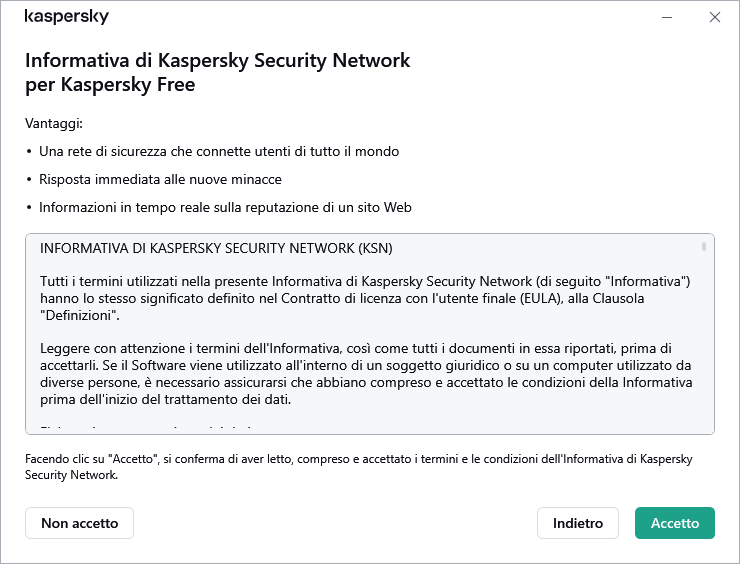 Finestra di accettazione dell'Informativa di Kaspersky Security Network GDPR