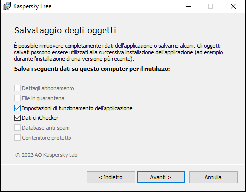 Finestra per il salvataggio delle impostazioni durante la disinstallazione di un'applicazione